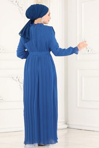 moda selvim Kemerli Piliseli Şifon Elbise 5119AL357 Saks - Thumbnail