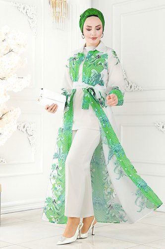 moda selvim Kemerli Poplin Elbise 23119JNF844 Benetton Yeşili - Thumbnail