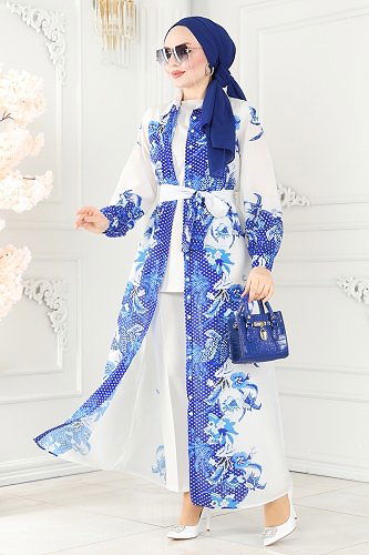 moda selvim Kemerli Poplin Elbise 23119JNF844 Saks - Thumbnail