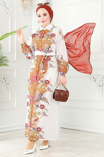 moda selvim Kemerli Poplin Elbise 23119JNF844 Taba - Thumbnail