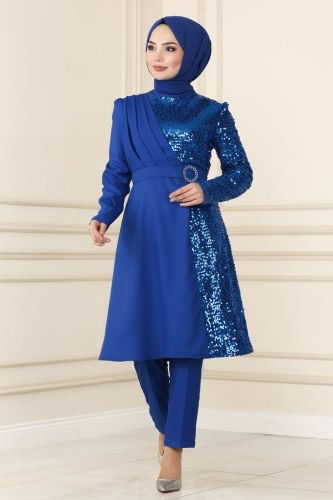 moda selvim Kemerli Pul Payetli Krep Takım ASM2542 Saks - Thumbnail