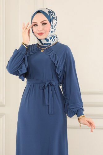 moda selvim Fırfırlı Sandy Elbise 23220IL468 İndigo - Thumbnail