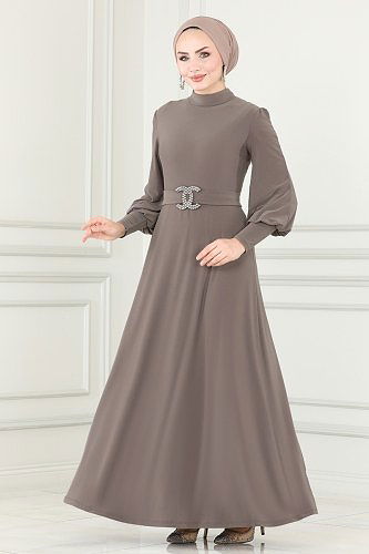 moda selvim Kemerli Sandy Elbise ASM2575 Koyu Vizyon - Thumbnail