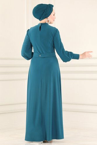 moda selvim Kemerli Sandy Elbise ASM2575 Petrol - Thumbnail