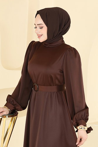 moda selvim Kemerli Saten Abiye 5820EDFK1198 Kahve - Thumbnail