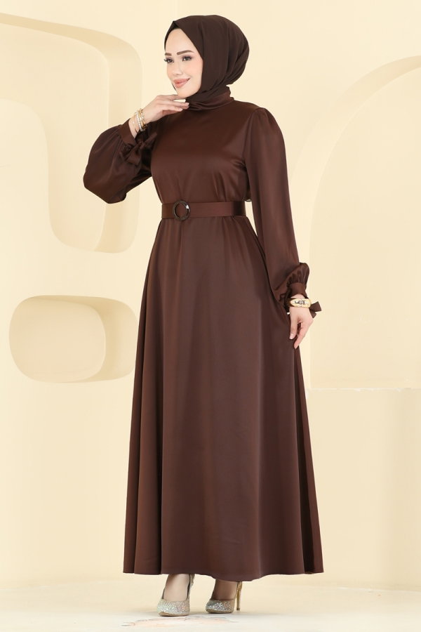 Modaselvim Elbise Kemerli Saten Abiye 5820EDFK1198 Kahve