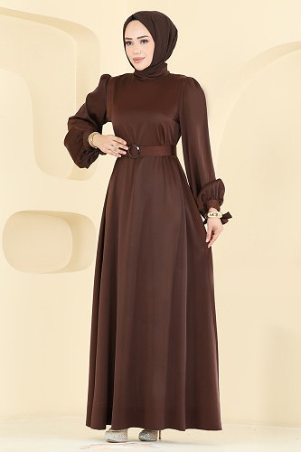 moda selvim Kemerli Saten Abiye 5820EDFK1198 Kahve - Thumbnail