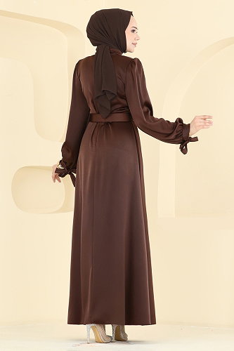 moda selvim Kemerli Saten Abiye 5820EDFK1198 Kahve - Thumbnail