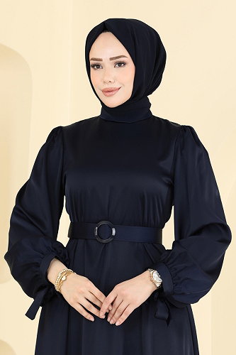 moda selvim Kemerli Saten Abiye 5820EDFK1198 Koyu Laci - Thumbnail