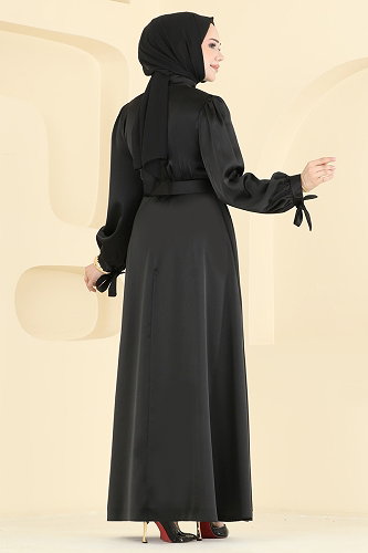 moda selvim Kemerli Saten Abiye 5820EDFK1198 Siyah - Thumbnail