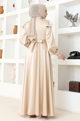 moda selvim Kemerli Saten Abiye END5578-M Bej - Thumbnail