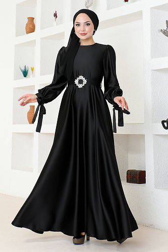 moda selvim Kemerli Saten Abiye LPN54133-M Siyah - Thumbnail