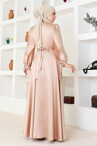 moda selvim Kemerli Saten Abiye LPN54133-M Vizyon - Thumbnail