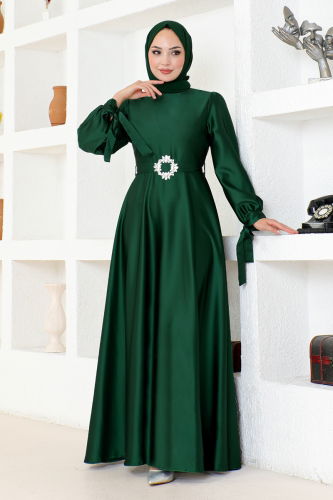 MRV L.P.N. - Kemerli Saten Abiye LPN54133-M Zümrüt