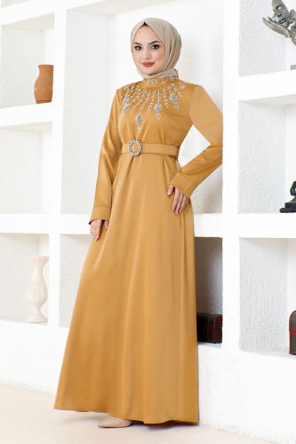 MRV S.H.D. - Belted Satin Evening Dress SHD5376-M Mustard