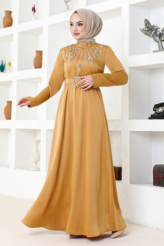 moda selvim Kemerli Saten Abiye SHD5376-M Hardal - Thumbnail