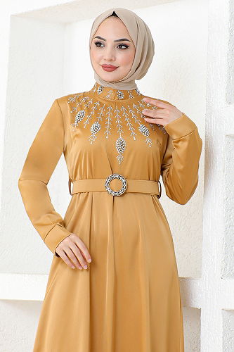 moda selvim Kemerli Saten Abiye SHD5376-M Hardal - Thumbnail