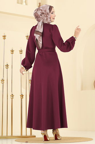 moda selvim Kemerli Scuba Dalgıç Elbise 5565EDF311 Bordo - Thumbnail