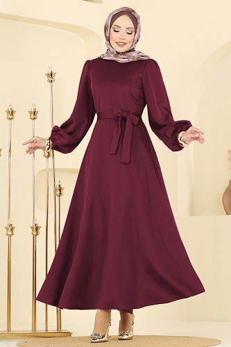 moda selvim Kemerli Scuba Dalgıç Elbise 5565EDF311 Bordo - Thumbnail