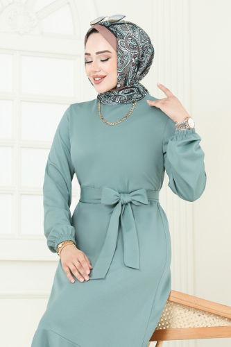 moda selvim Kemerli Scuba Elbise 444DVL817 Mint - Thumbnail