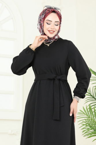 moda selvim Kemerli Scuba Elbise 444DVL817 Siyah - Thumbnail