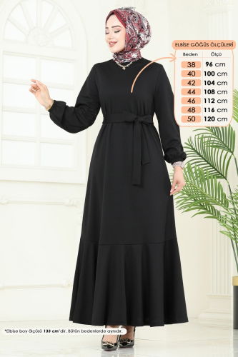 moda selvim Kemerli Scuba Elbise 444DVL817 Siyah - Thumbnail