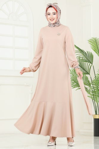 moda selvim Kemerli Scuba Elbise 444DVL817 Taş - Thumbnail