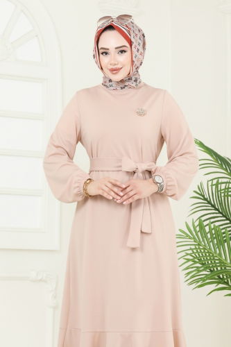 moda selvim Kemerli Scuba Elbise 444DVL817 Taş - Thumbnail