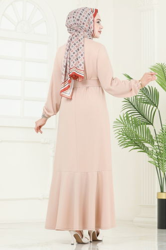 moda selvim Kemerli Scuba Elbise 444DVL817 Taş - Thumbnail