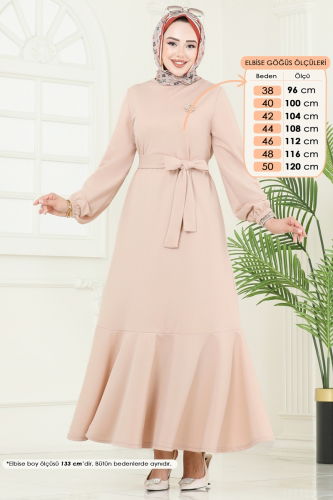 moda selvim Kemerli Scuba Elbise 444DVL817 Taş - Thumbnail