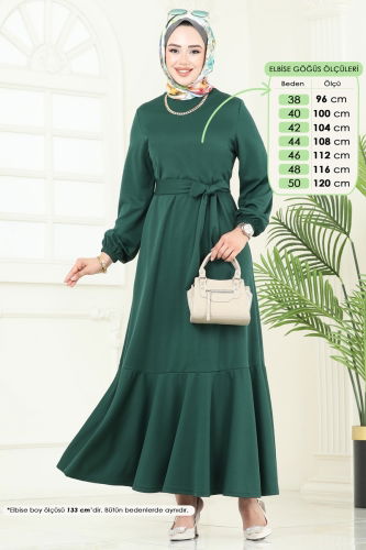 moda selvim Kemerli Scuba Elbise 444DVL817 Zümrüt - Thumbnail