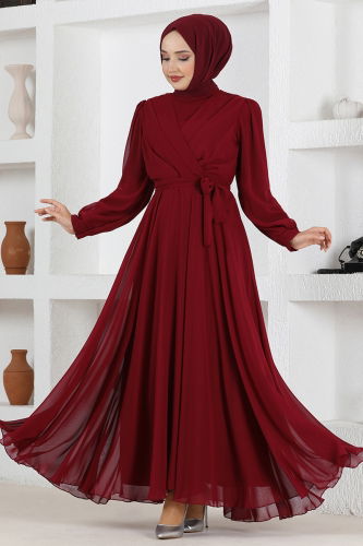 moda selvim Kemerli Şifon Abiye END5525-M Bordo - Thumbnail