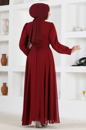 moda selvim Kemerli Şifon Abiye END5525-M Bordo - Thumbnail