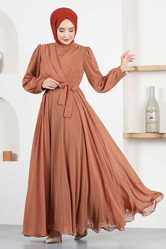 moda selvim Kemerli Şifon Abiye END5525-M Kiremit - Thumbnail