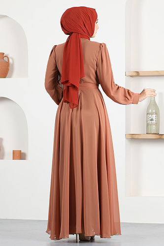 moda selvim Kemerli Şifon Abiye END5525-M Kiremit - Thumbnail