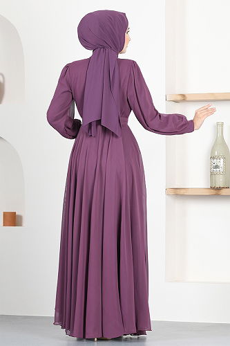 moda selvim Kemerli Şifon Abiye END5525-M Koyu Gül Kurusu - Thumbnail