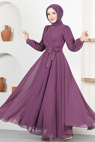 moda selvim Kemerli Şifon Abiye END5525-M Koyu Gül Kurusu - Thumbnail