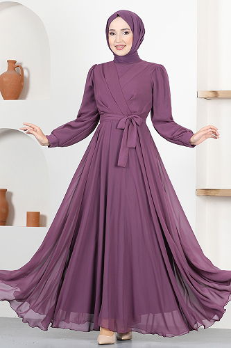 moda selvim Kemerli Şifon Abiye END5525-M Koyu Gül Kurusu - Thumbnail