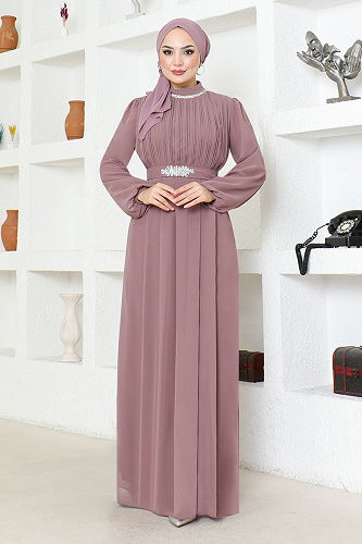 moda selvim Kemerli Şifon Abiye LPN6056-M Gül Kurusu - Thumbnail
