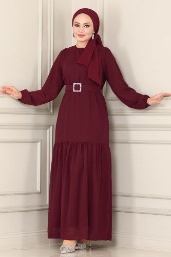 moda selvim Kemerli Şifon Elbise 2280SVT808 Bordo - Thumbnail