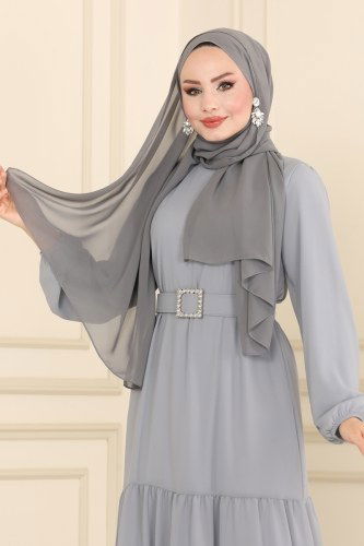 moda selvim Kemerli Şifon Elbise 2280SVT808 Gri - Thumbnail