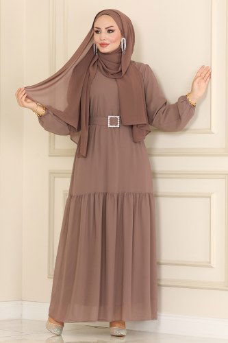 moda selvim Kemerli Şifon Elbise 2280SVT808 Koyu Vizyon - Thumbnail