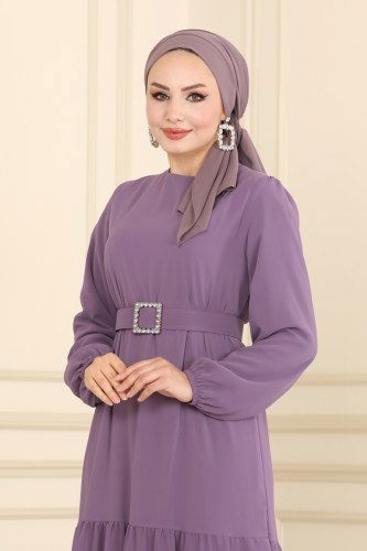 moda selvim Kemerli Şifon Elbise 2280SVT808 Lila - Thumbnail
