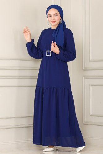 moda selvim Kemerli Şifon Elbise 2280SVT808 Saks - Thumbnail
