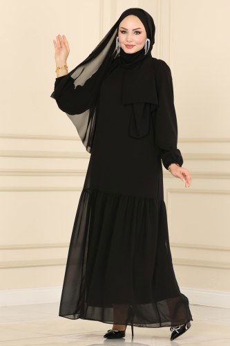moda selvim Kemerli Şifon Elbise 2280SVT808 Siyah - Thumbnail