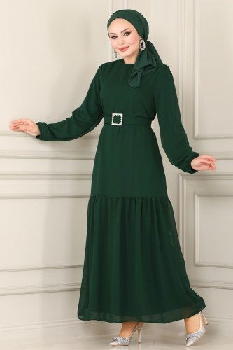moda selvim Kemerli Şifon Elbise 2280SVT808 Zümrüt - Thumbnail