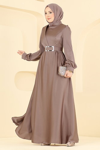 moda selvim Kemerli Şık Saten Abiye 5821EDFK1198 Pudra Vizyon - Thumbnail