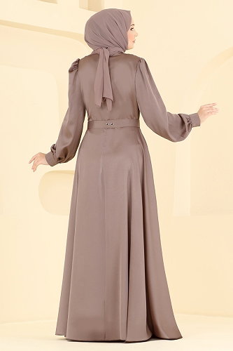 moda selvim Kemerli Şık Saten Abiye 5821EDFK1198 Pudra Vizyon - Thumbnail