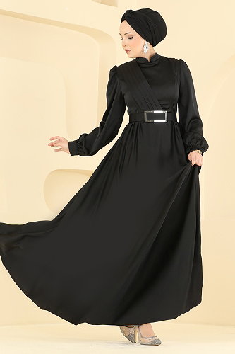 moda selvim Kemerli Şık Saten Abiye 5821EDFK1198 Siyah - Thumbnail