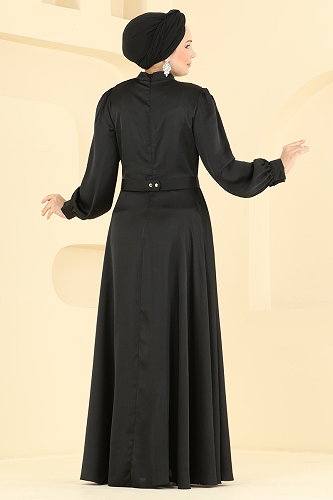 moda selvim Kemerli Şık Saten Abiye 5821EDFK1198 Siyah - Thumbnail